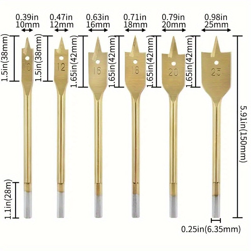 6-Piece Titanium-Coated Flat Drill Bit Set for Woodworking 10mm to 25mm
