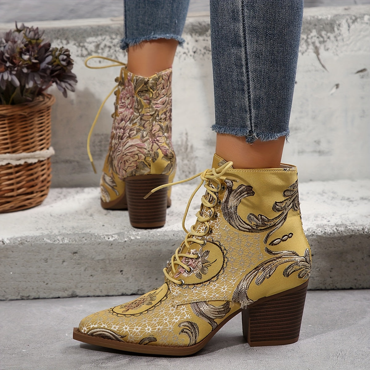 Women's Floral Embroidered Ankle Booties Leather High Heel Lace-Up