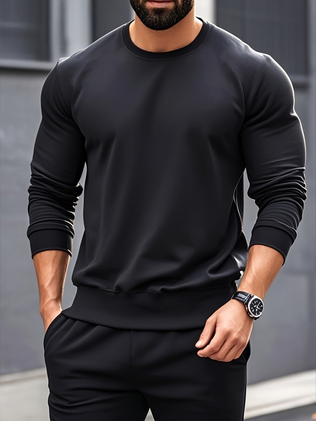 Men's Casual Knitwear Set Long Sleeve Crew Neck Top and Pants Solid Color Fall Winter Machine Washable