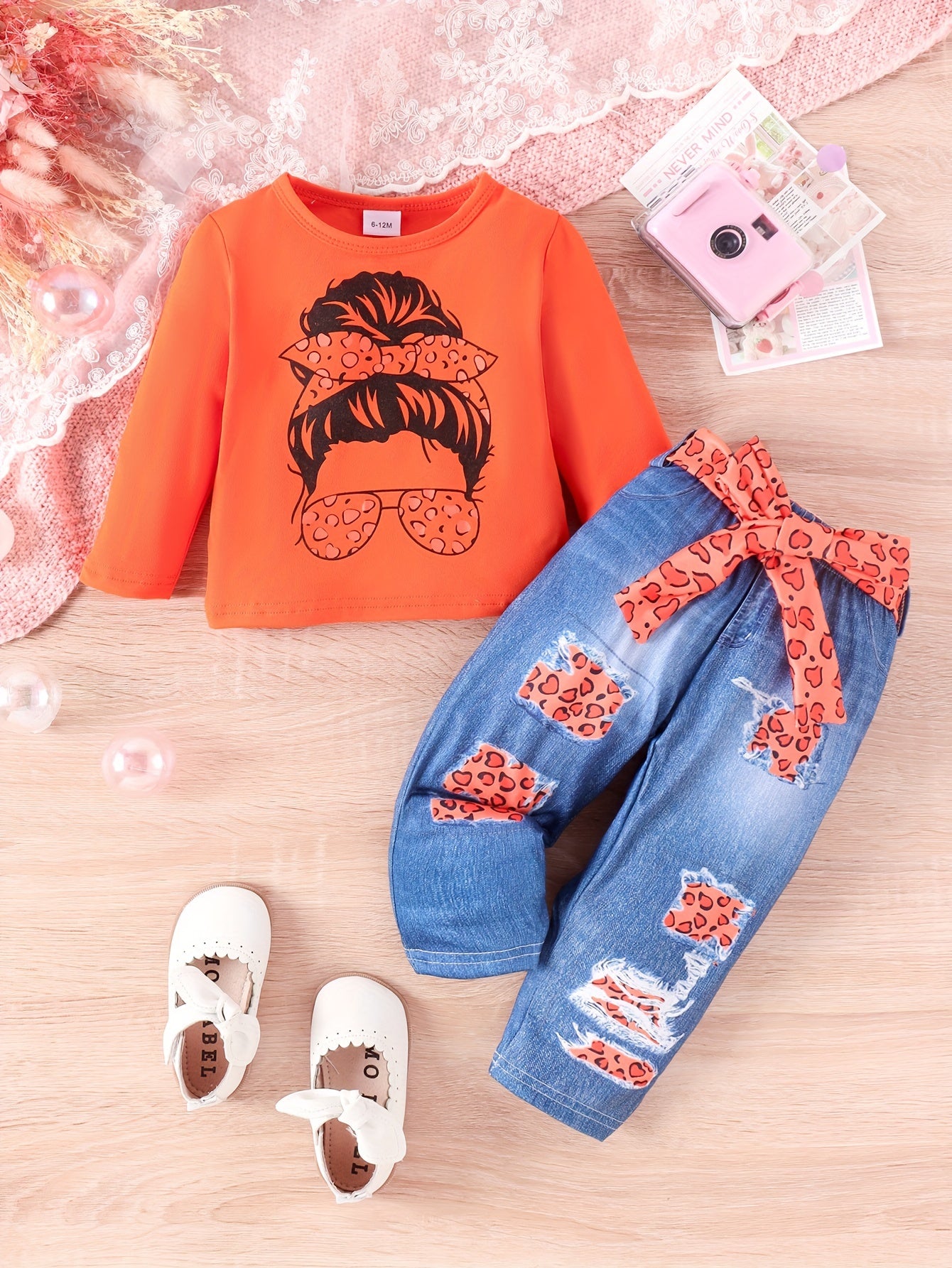 Infant Toddler Girls 3-Piece Outdoor Set Long Sleeve Cartoon Top Faux Jeans Belt Spring Fall