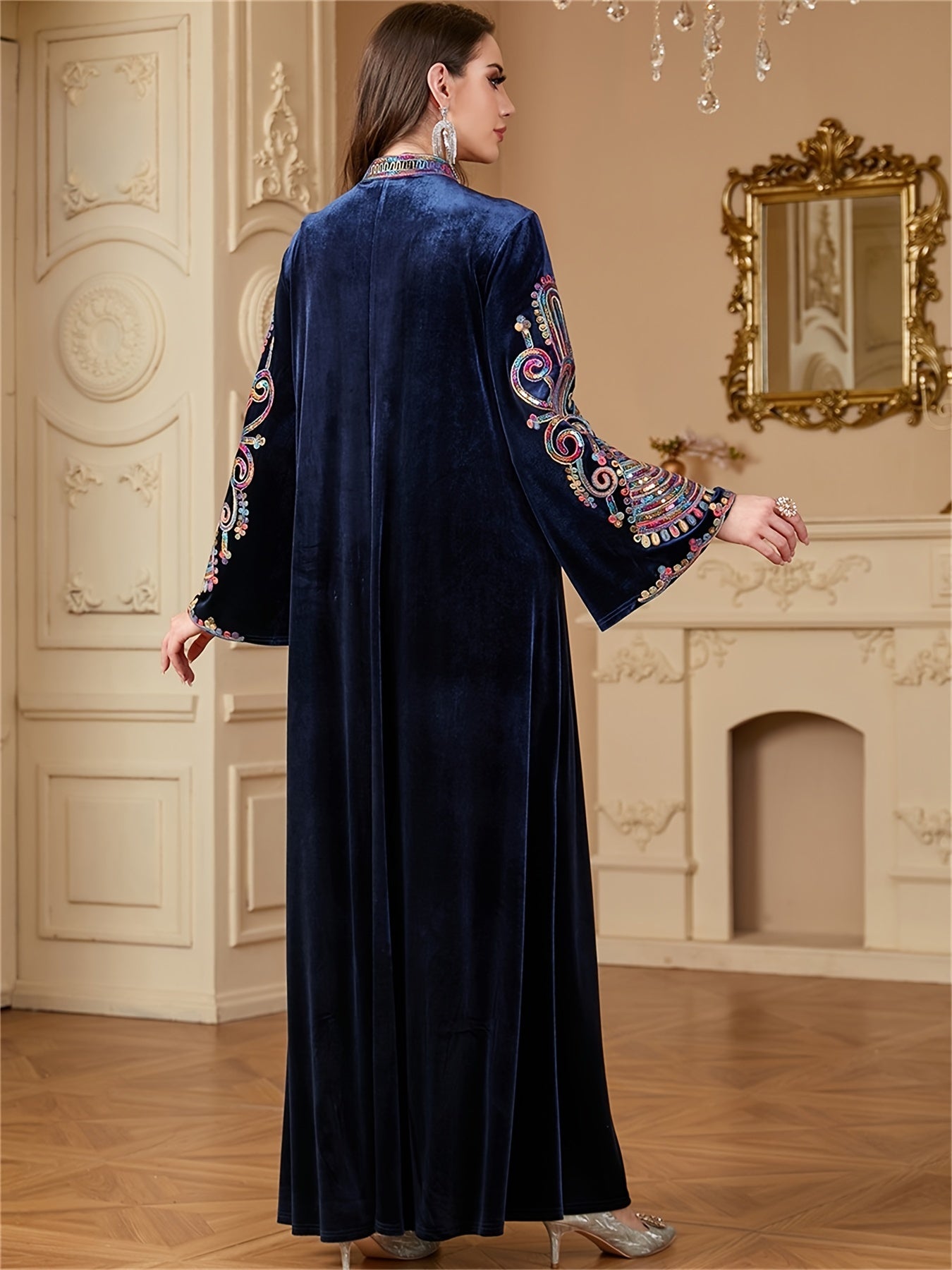 Women’s Dark Blue Sequin Abaya with Floral Patterns Long Sleeve Velvet Maxi Dress for Ramadan and Formal Events