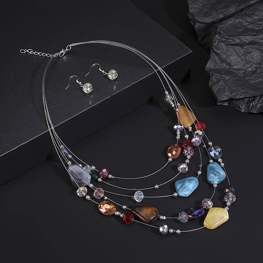 Boho Punk Jewelry Set Geometric Resin Beaded Necklace and Earrings for Women