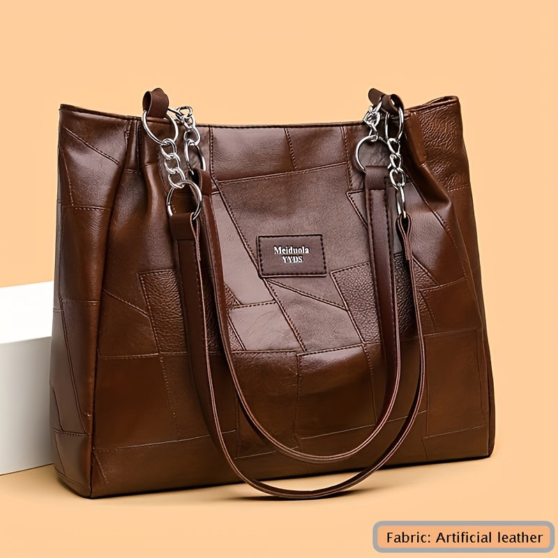 Black Quilted Faux Leather Tote Bag with Chain Strap for Travel and Shopping