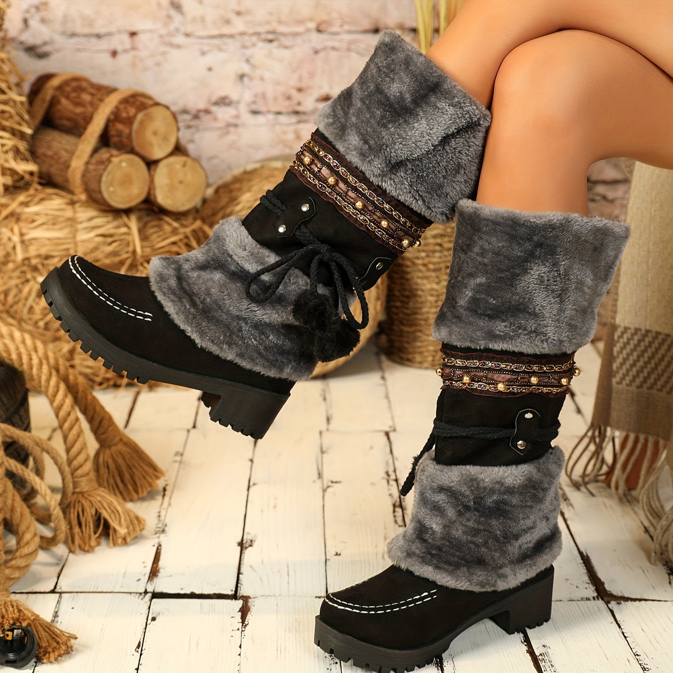 Women's Faux Fur Lined Mid-Calf Cowboy Boots with Heels for Autumn Winter