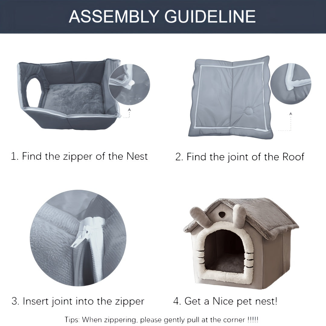 Pet House for Cats and Dogs with Washable Winter Bed Soft Polyester Classic Style