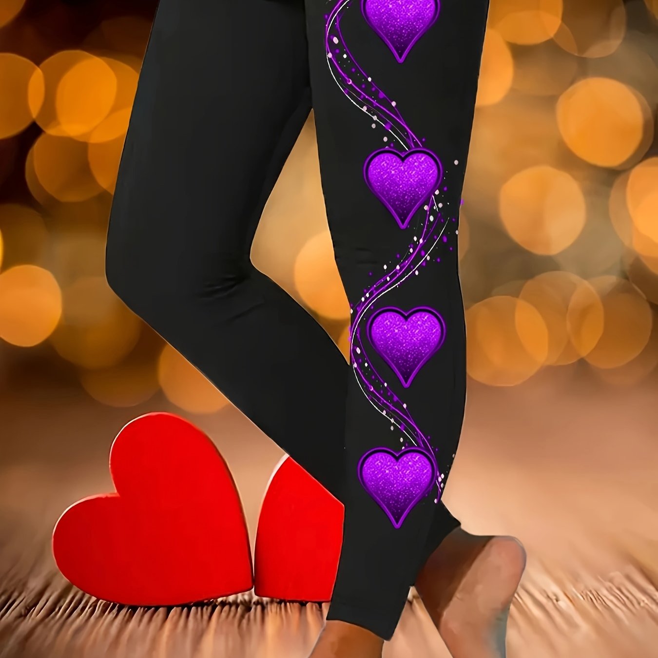 Plus Size Women's Heart Print Leggings Purple Glitter Elastic Spring Fall Fashion