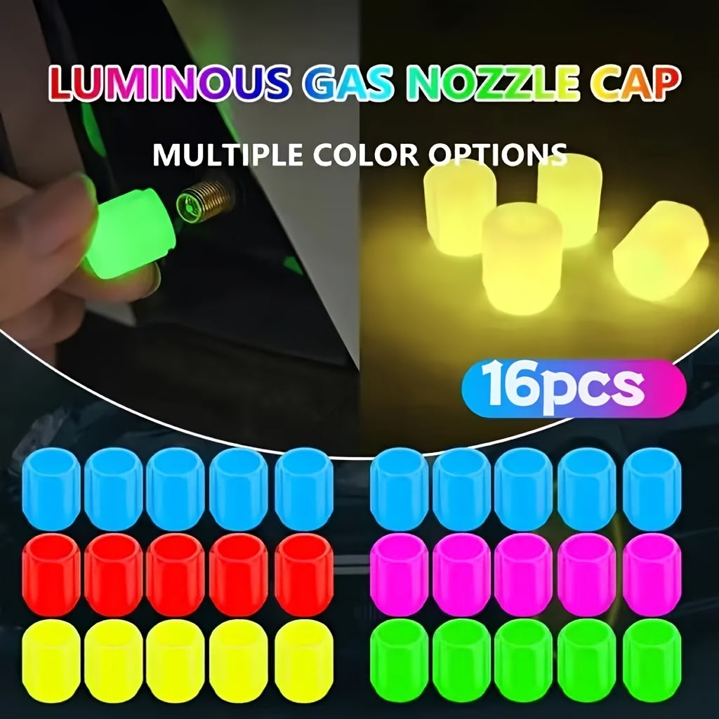 16pcs Luminous Tire Valve Stem Caps for Bikes Motorcycles Cars Glow-in-the-Dark Plastic Dust-Proof Leak-Proof