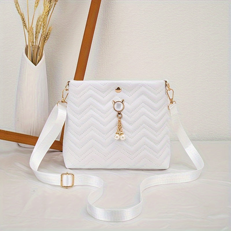 Quilted Crossbody Bag with Adjustable Strap Faux Pearl Embellishment Chevron Pattern in Khaki White Pink Black