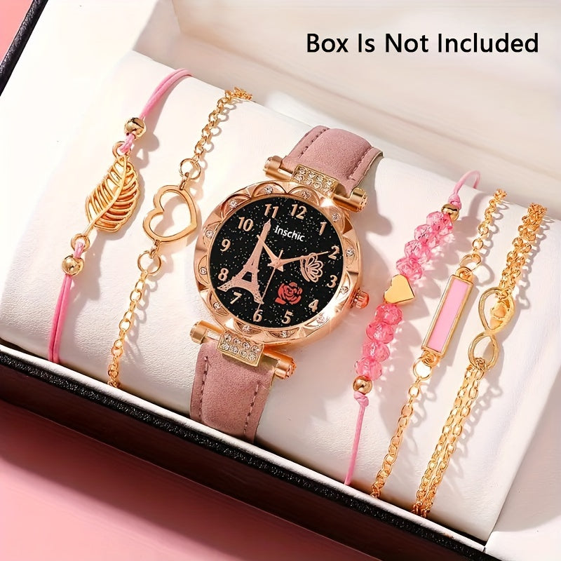 Six Pieces Women's Quartz Watches with PU Leather Wristbands Alloy Pointers Jewelry Gift Set