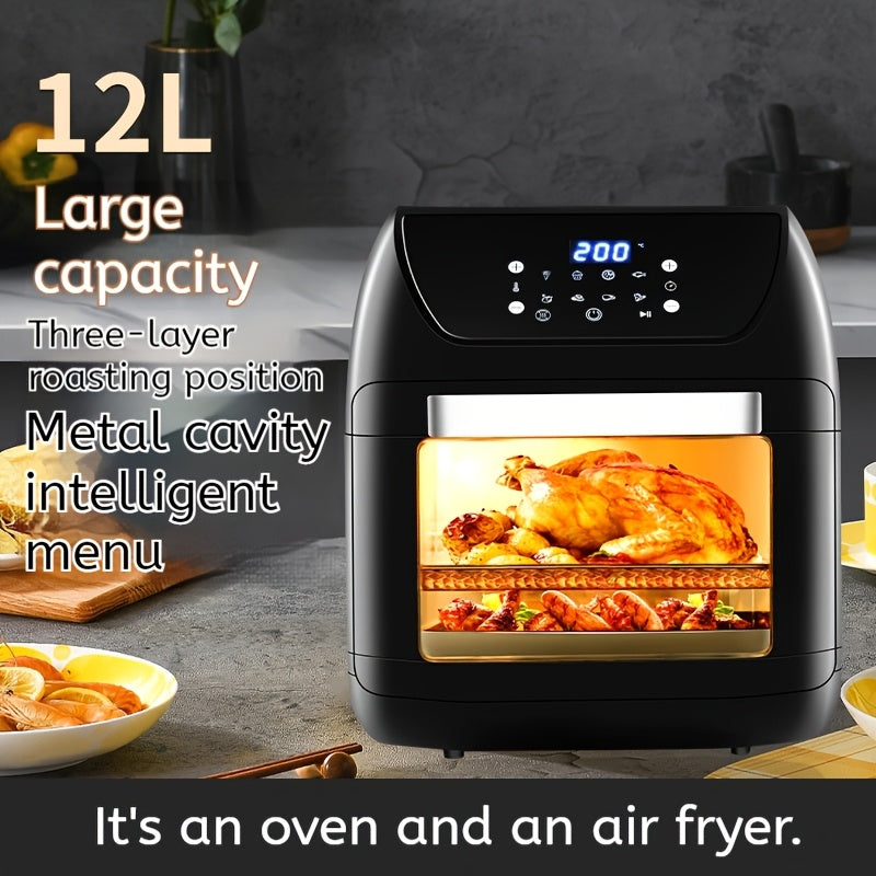 12L Air Fryer Oven with 3D Interior, 8 Menus, 2200W, Temp Control, Timer, Versatile for Family Cooking