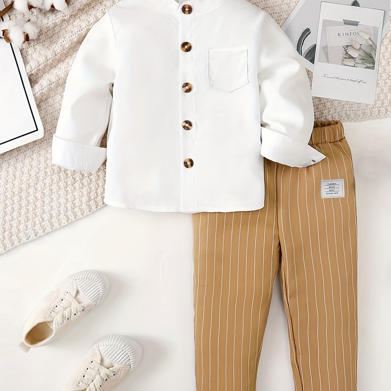 Boys' Casual Two-Piece Suit Long Sleeve Shirt and Striped Pants Fall Winter