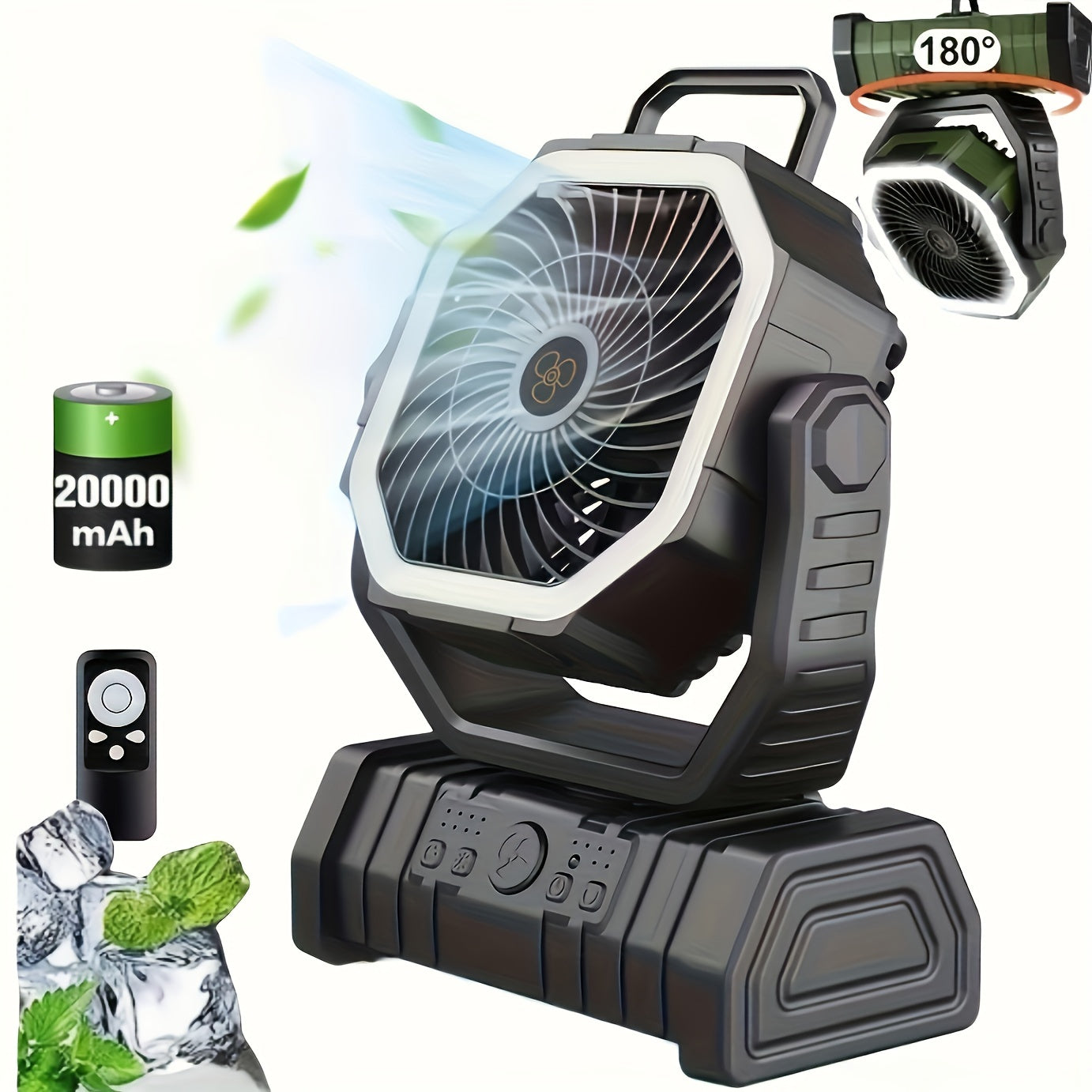Rechargeable Indoor Outdoor USB Fan with Remote 20000mAh Battery LED Light