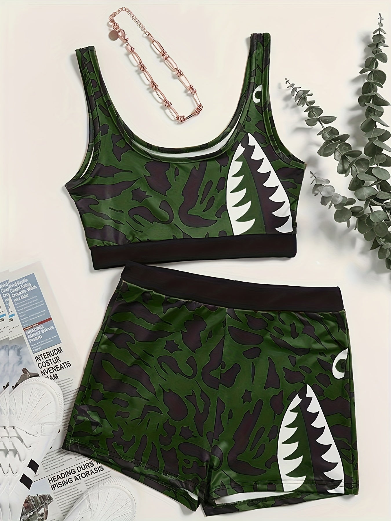 Plus Size Gothic Lingerie Set Women's Shark Print Contrast Trim Tank Bra & Panty