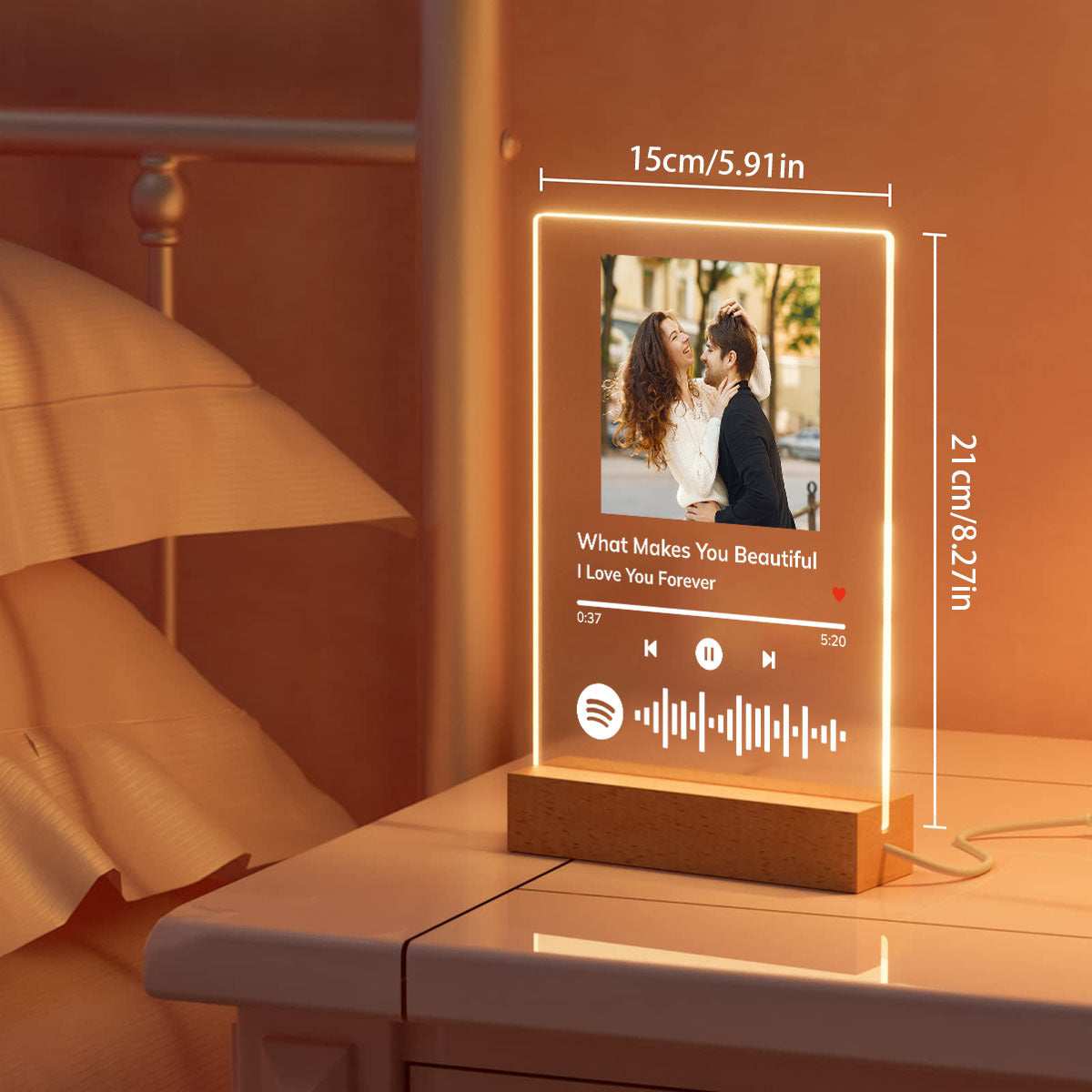 Custom Acrylic Night Light with Photo and Song Frame on USB-Powered Wooden Base