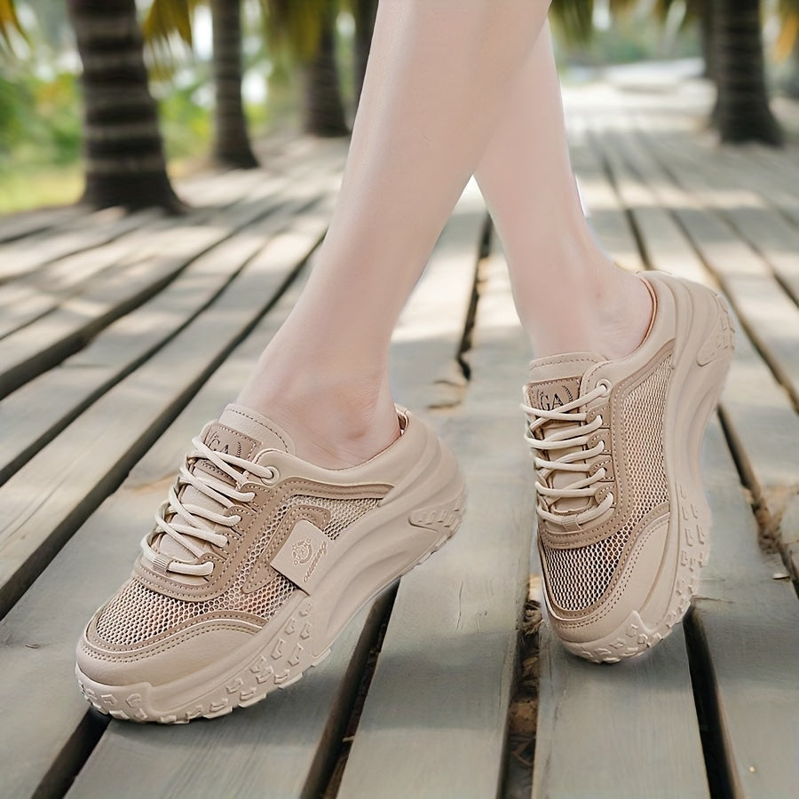Women’s Summer Casual Sneakers with Cushioned Sole Breathable Mesh Black Khaki White