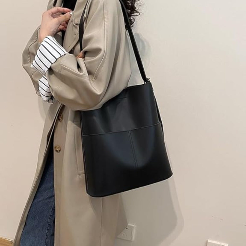 Large Black Tote Bag for Women with Polyurethane Lining and Magnetic Closure