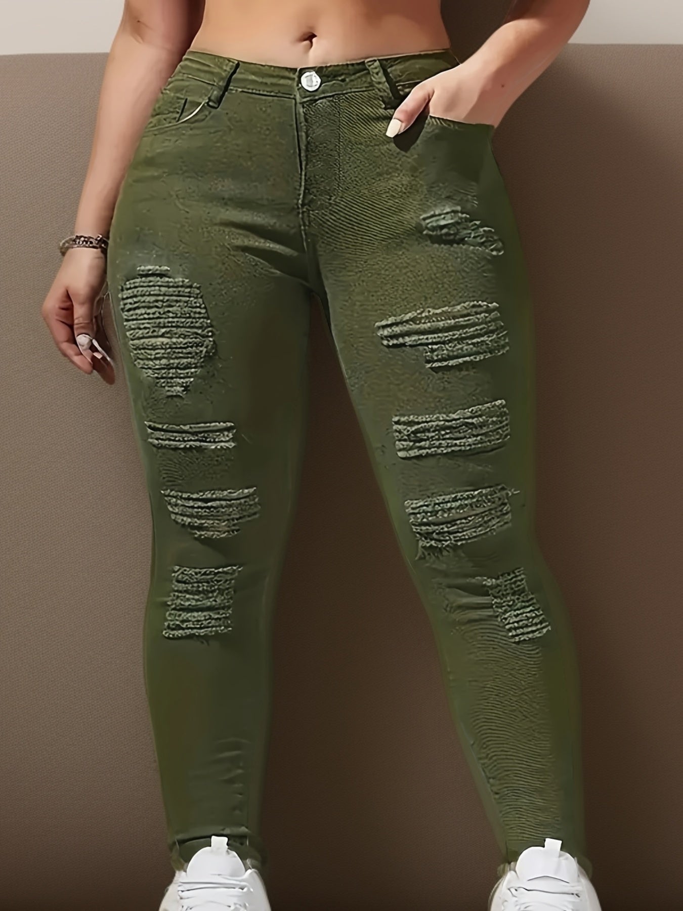 Plus Size Skinny Ripped Jeans for Women Cotton Spandex Casual Denim