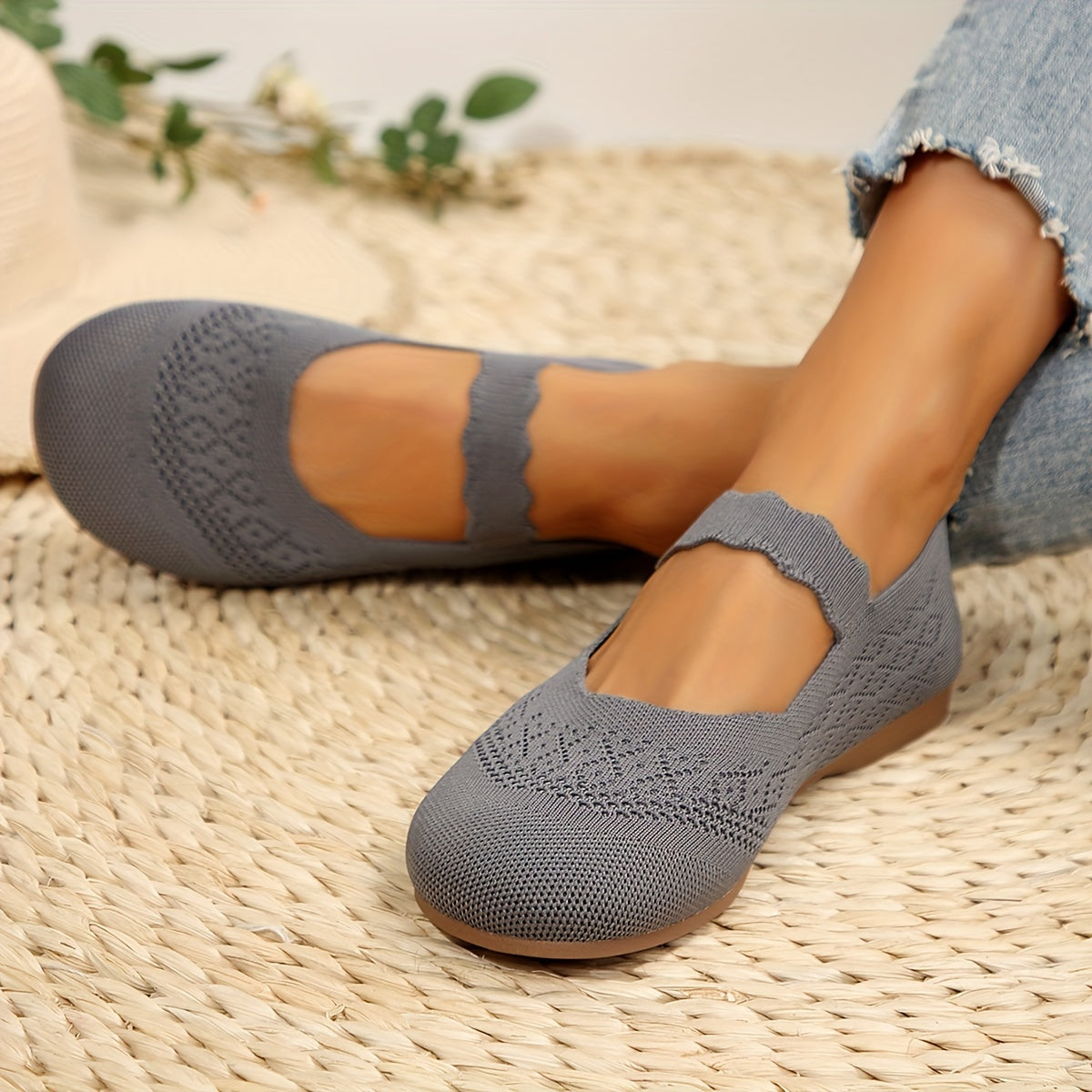 Women All-Season Knit Mary Jane Flats Solid Color Slip-On Round Toe Shoes