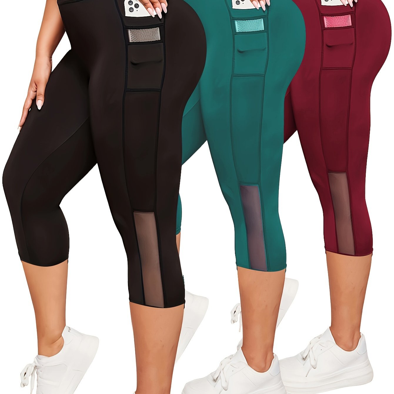 Women's High-Waist Tummy Control Yoga Capris with Pockets and Mesh Contrast in Black