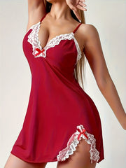 Women's Summer Sleepwear Lace Slip Dress with Short Skirt and Bow Strap