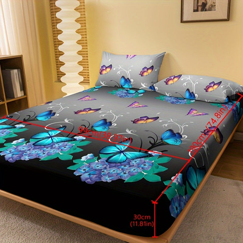 Butterfly Floral Print Fitted Sheet Soft Cozy Bedding Deep Pocket Mattress Protector