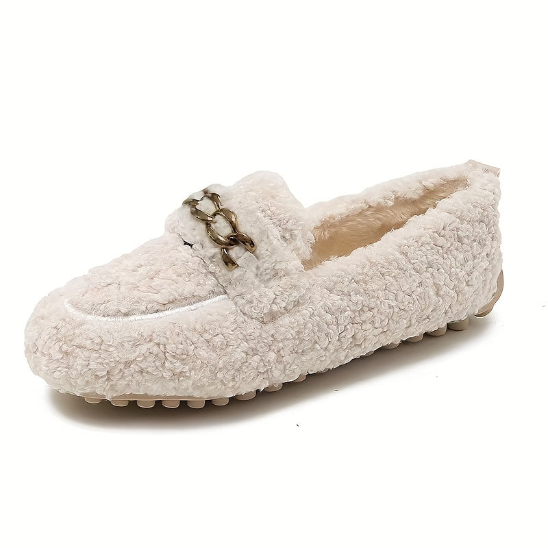 Women's Cozy Slip-On Winter Shoes with Golden Chain Black Beige Indoor Outdoor