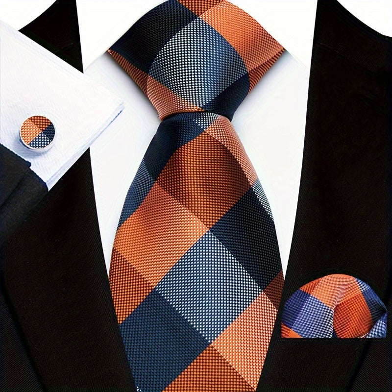 Men's Business Tie, Handkerchief, Cufflinks Set in Plaid and Stripe Designs