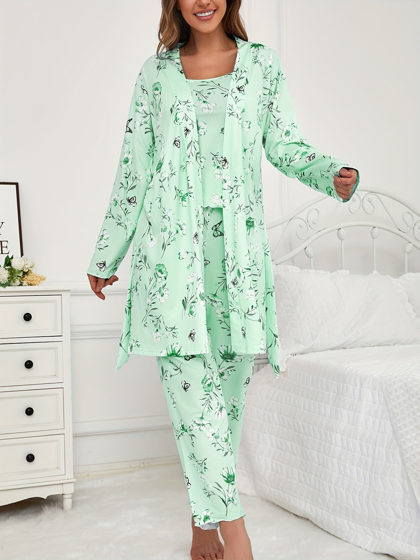 Women's Floral Butterfly Print 3-Piece Pajama Set Long Pants Long Sleeve Belted Robe All-Season Loungewear