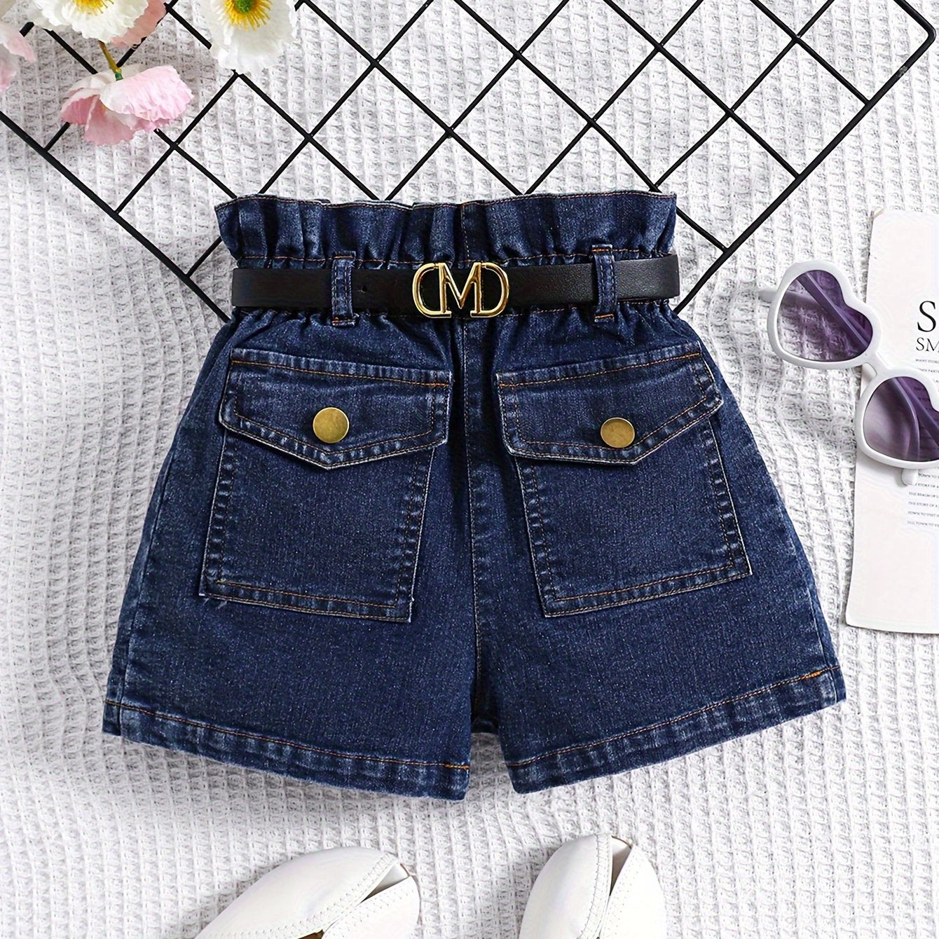 Girls' High-Waist Denim Shorts with Adjustable Belt and Pockets for Spring Summer Fall