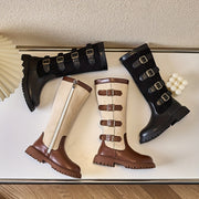 Girls Knee-High Zipper Boots with Rubber Sole for Autumn and Winter