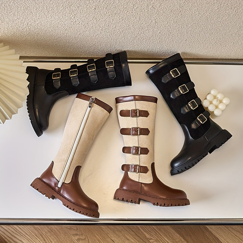 Girls Knee-High Zipper Boots with Rubber Sole for Autumn and Winter