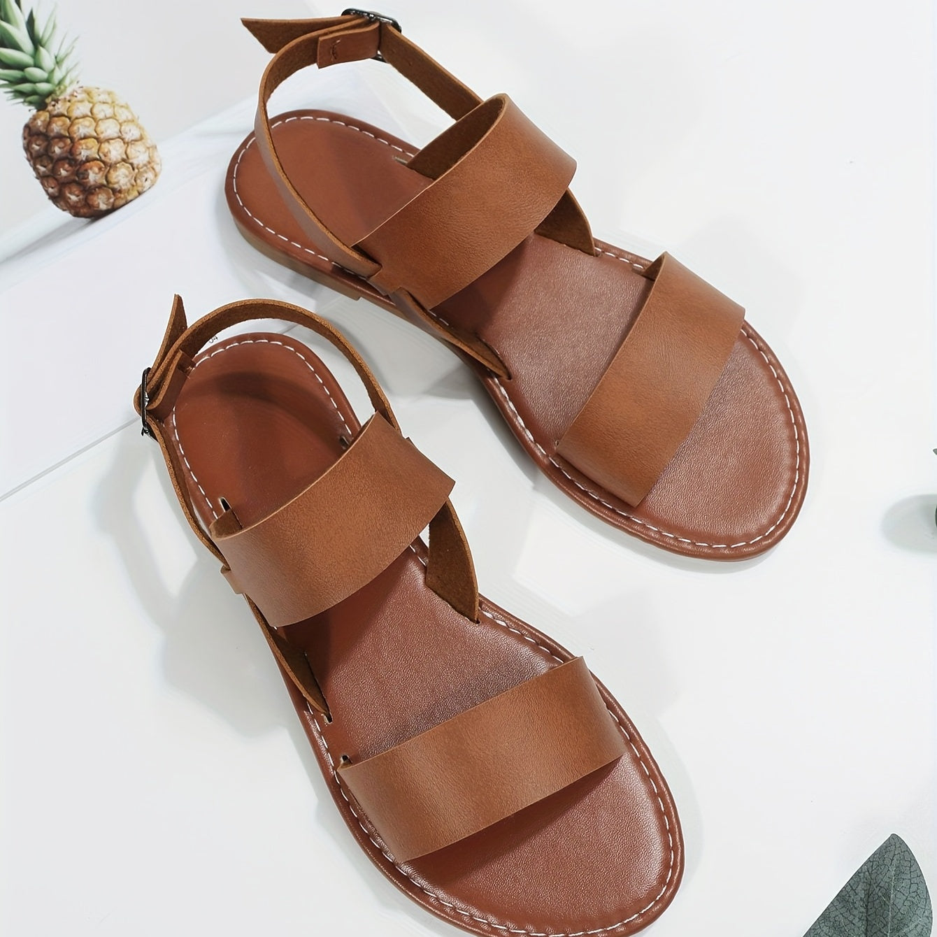 Women's Wide Width Adjustable Buckle Strap Flat Sandals Open-Toe Summer Beach Shoes