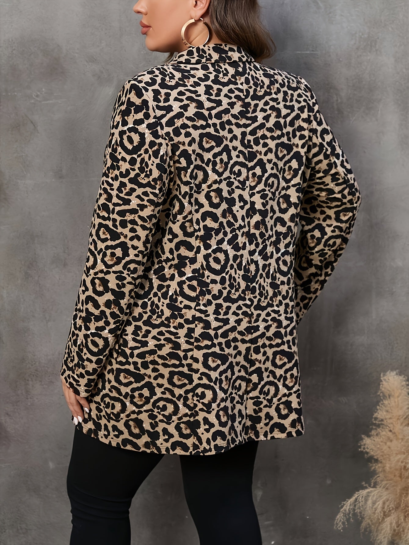 Plus Size Women's Leopard Print Blazer Polyester Blend Casual Jacket with Long Sleeves