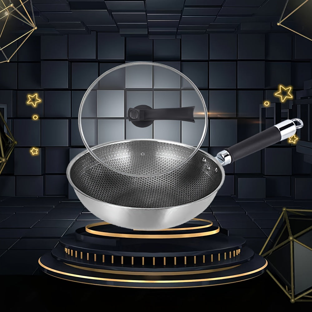 Stainless Steel Honeycomb Wok with Glass Lid Non-Stick Cast Iron Standable