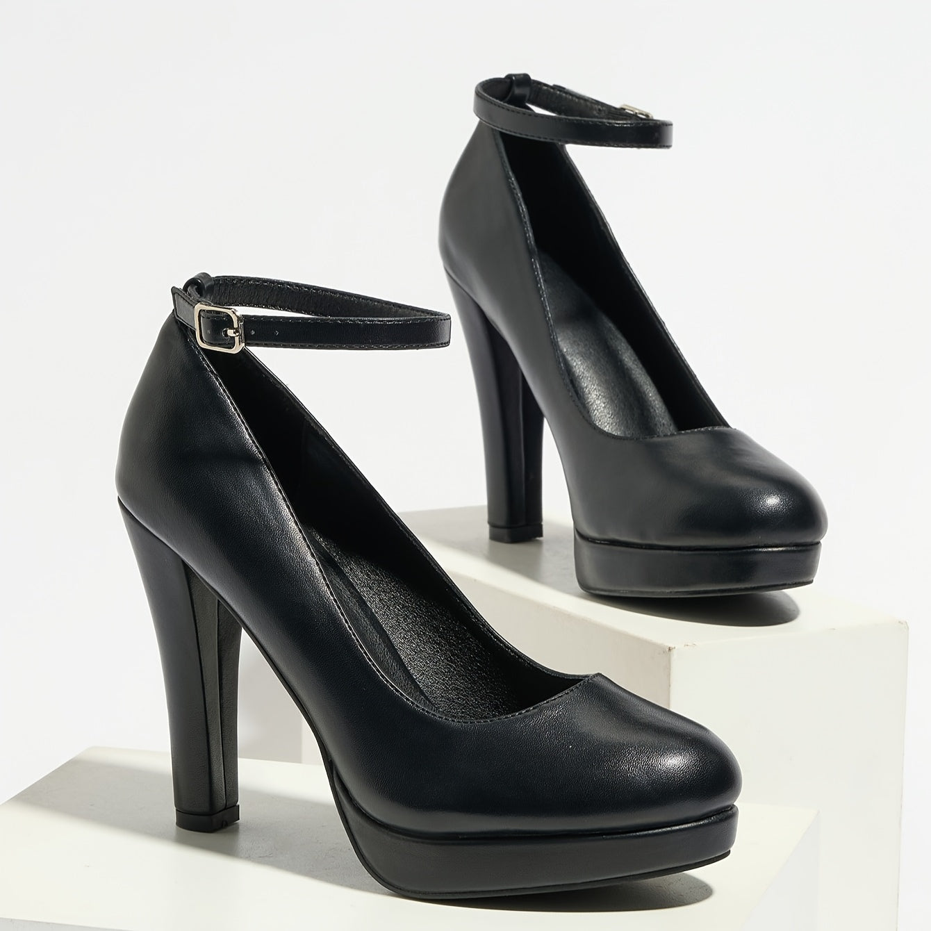 Women Solid Color Round Toe Mary Jane Pumps Breathable Ankle Strap Block Heel