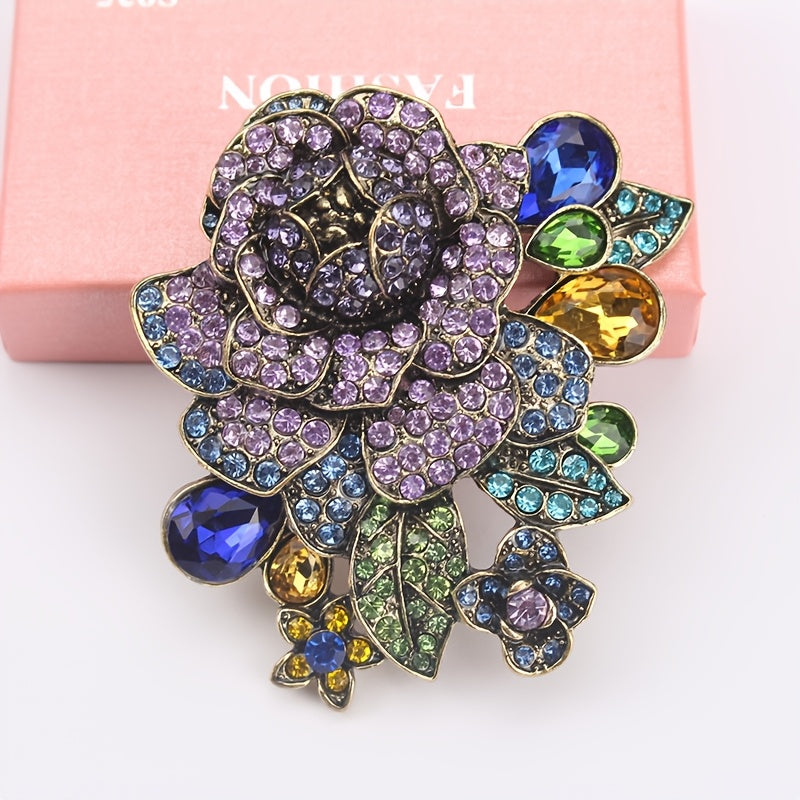 Vintage Purple Rhinestone Flower Brooch with Diamond Accents for Coat Jacket Suit