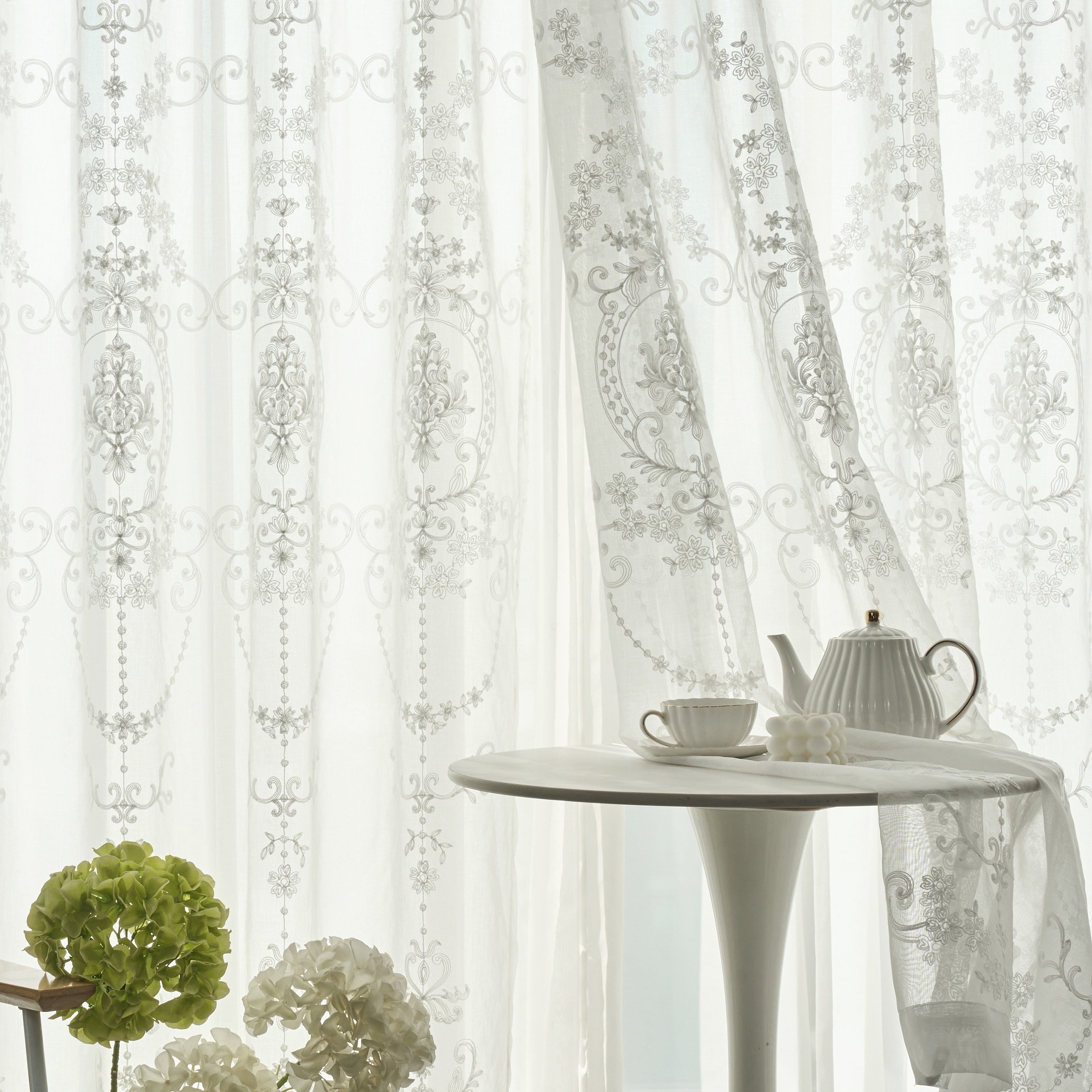 European Embroidered Sheer Curtains 2-Piece Set Floral Design Rod Pocket Window Treatments