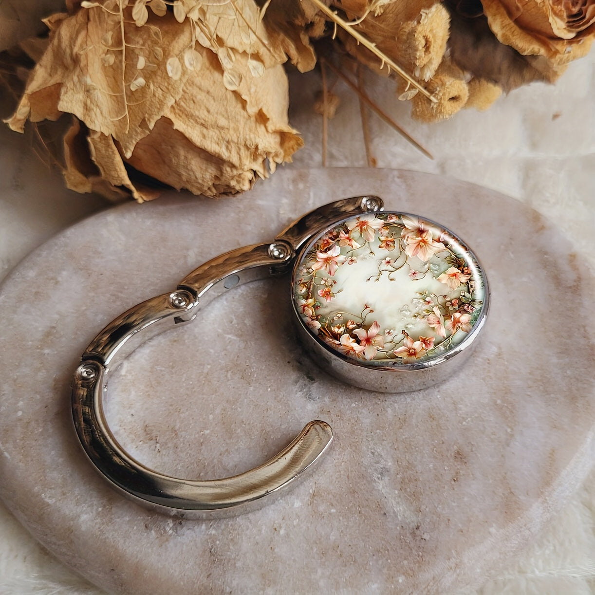 Gancho para bolso con diseño floral de flor de durazno, plegable, elegante, de metal, para mesa