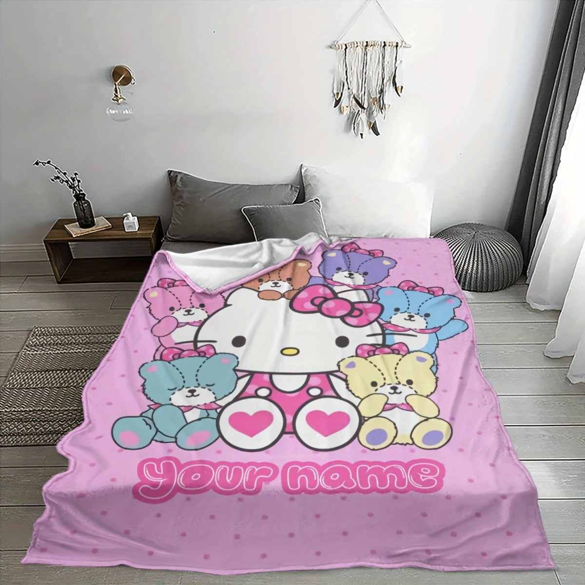 Personalized Hello Kitty Cartoon Flannel Blanket Soft Cozy Throw for Kids and Adults