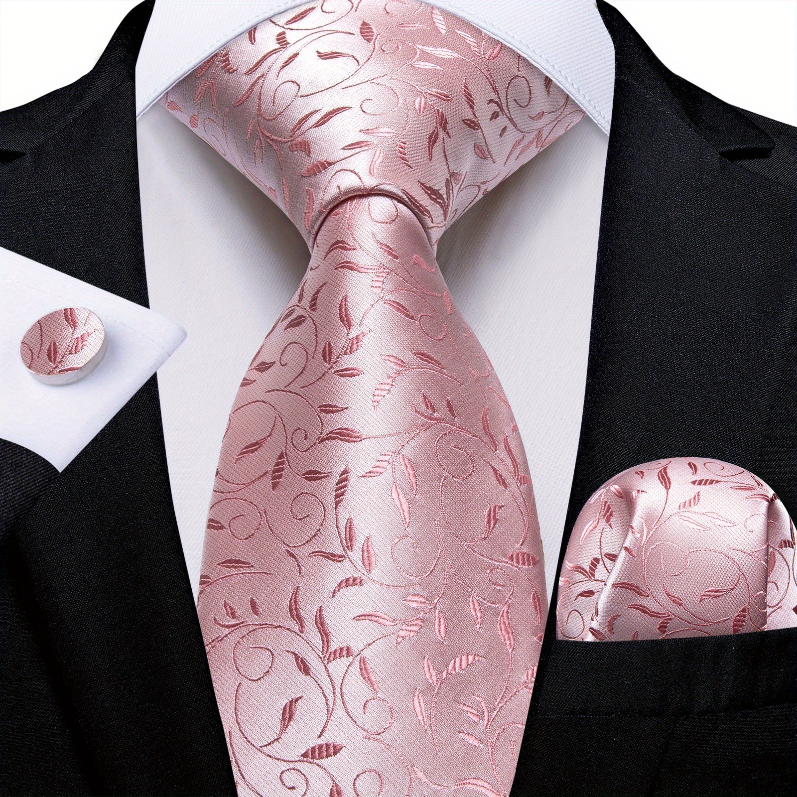 Stylish Men's Pink Patterned Tie Set with Pocket Square, Hanky, and Cufflinks - Perfect for Weddings or as a Gift