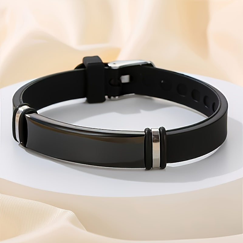 Men's Silicone Bracelet with Engraved Stainless Steel Tag Adjustable ID Wristband August Birthstone Unplated