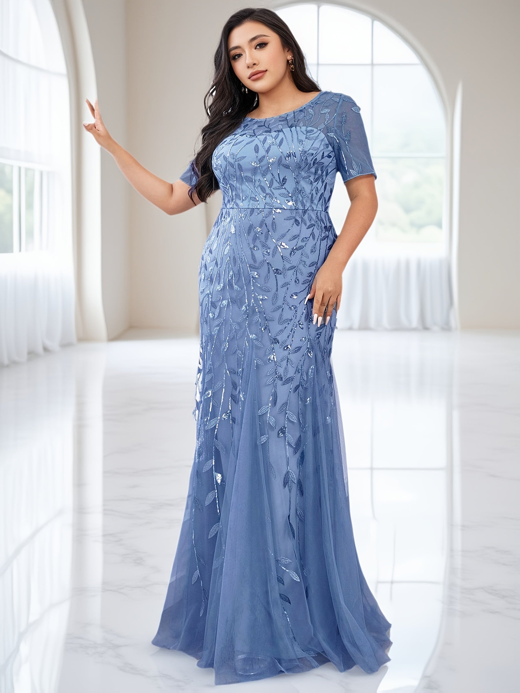 Plus Size Women’s Mermaid Evening Gown Sparkling Sequin Short Sleeves