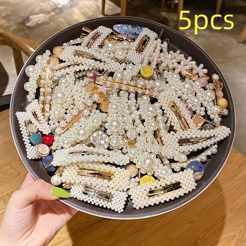 Set of 5 Elegant Bow Tie Hair Clips with Imitation Pearls for Women and Girls