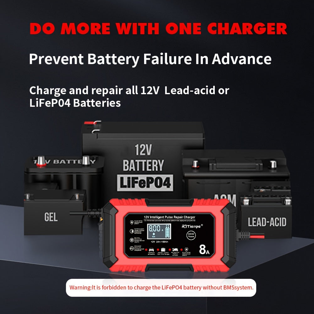 12V 8A Smart Pulse Battery Charger with LCD Display for Car Motorcycle Lead-Acid Gel AGM