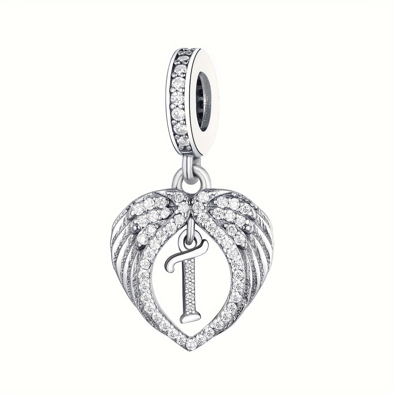 Sterling Silver Heart-Shaped Wing Pendant with Zircon Letter for DIY Jewelry