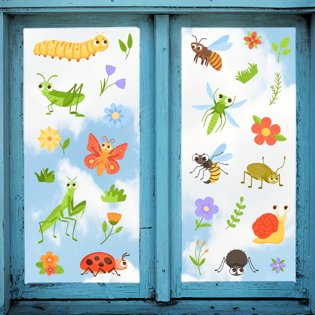 Two Static Electricity Glass Stickers Insect and Flower Decor 29.97cm x 20.07cm