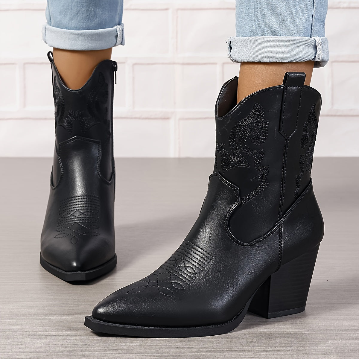 Women's Faux Leather Ankle Boots with Floral Embroidery and Zipper Black