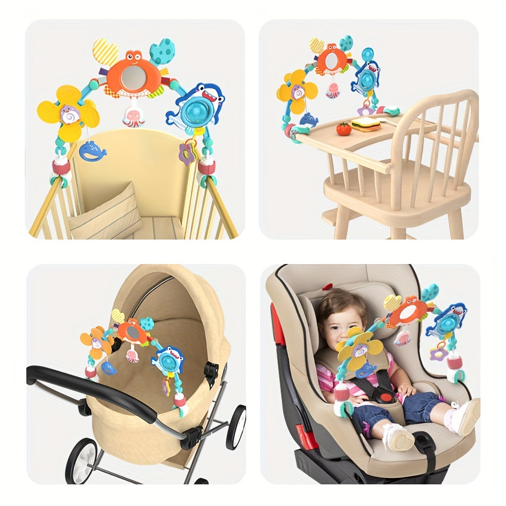 Игрушечная кроватка с колокольчиком для новорожденных, подходит для детей от 0 до 1 года, может быть подвешена на автомобильные кресла безопасности или детские коляски для комфорта и обучения.