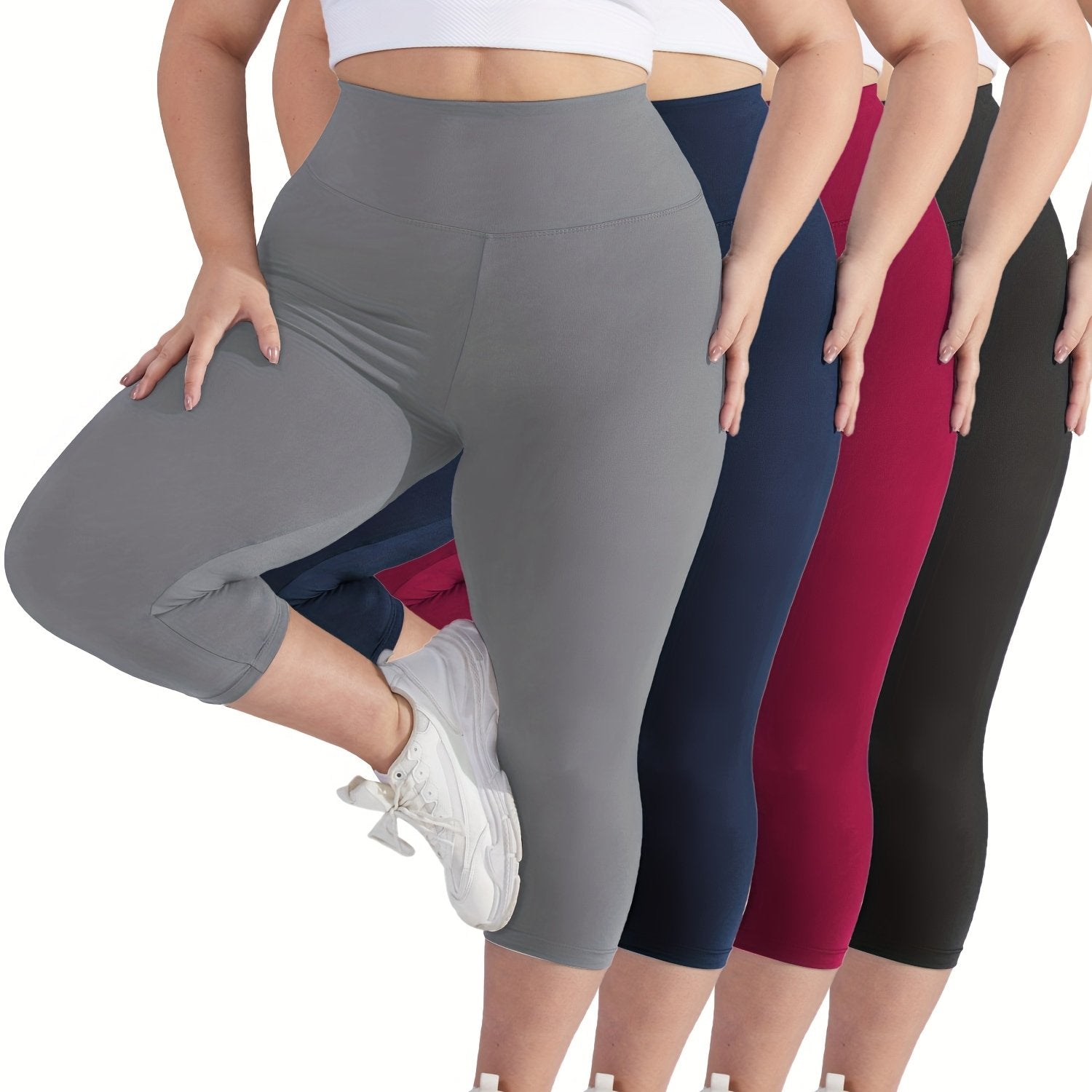 Women's Cropped Pants Black High Waist Tummy Control Skinny Leggings 4 Pack