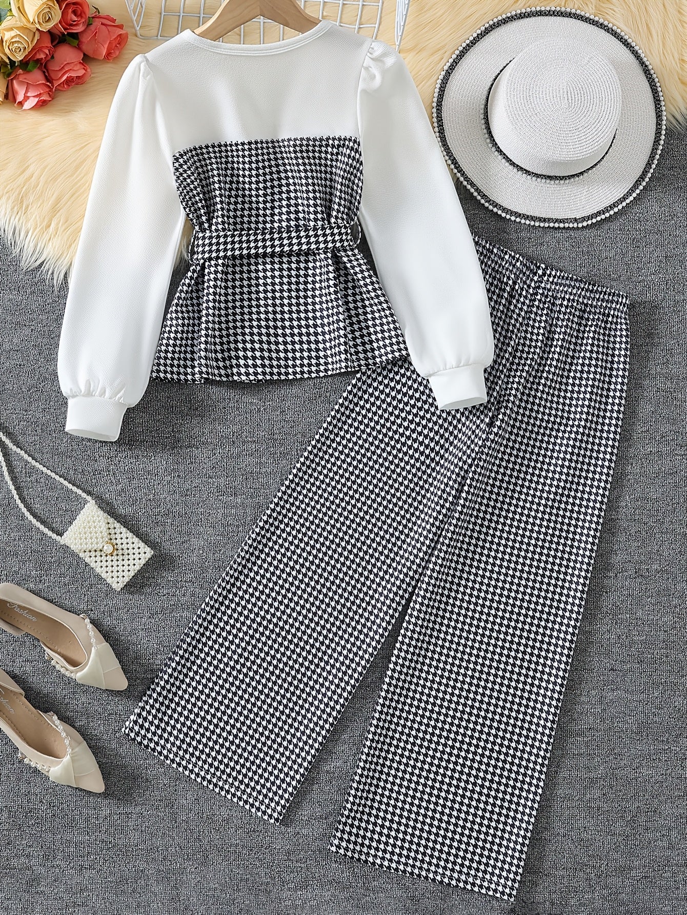 Girls Autumn Winter Korean Style Houndstooth Top and Wide-Leg Pants Set